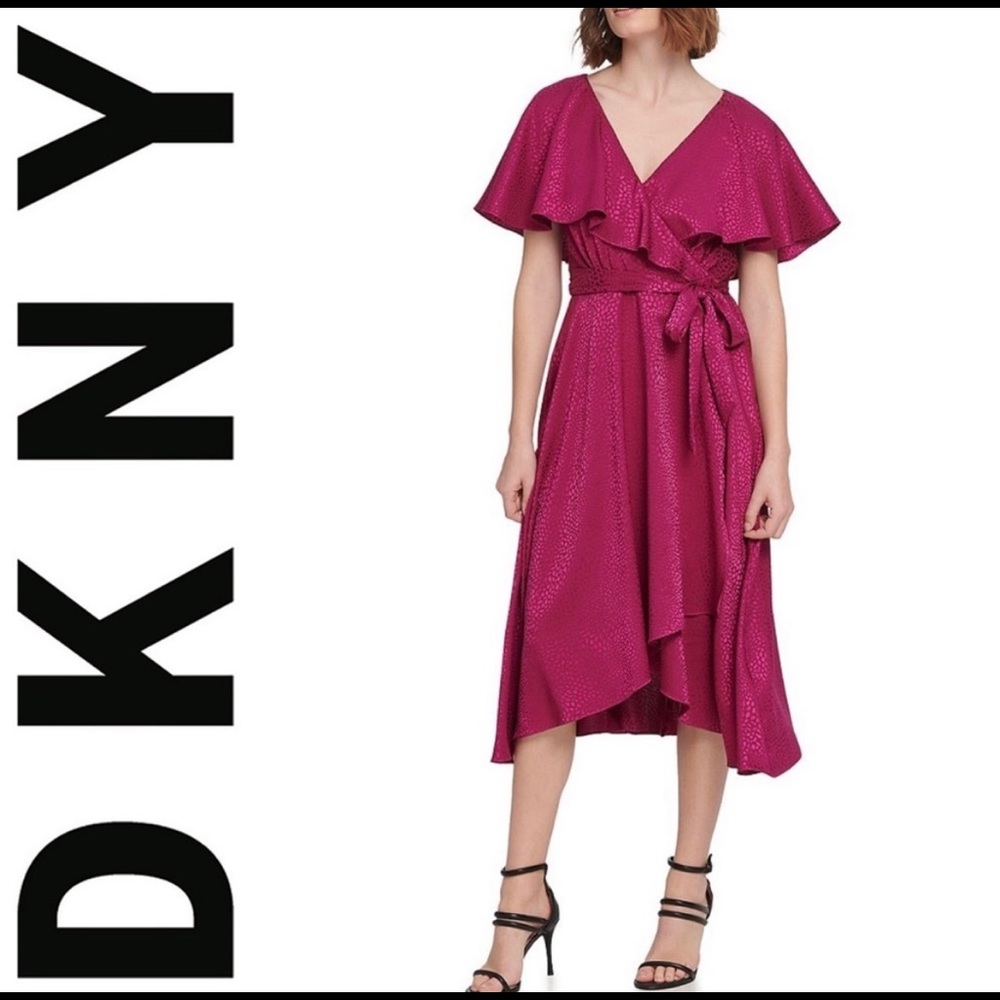 • DKNY Satin Faux Wrap Flutter Sleeve Midi Dress
